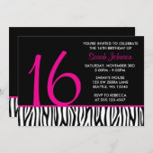 Hot-roze en Black Zebra Sweet 16 Nummer geboorteda Kaart (Voorkant / Achterkant)