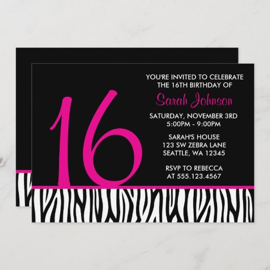 Hot-roze en Black Zebra Sweet 16 Nummer geboorteda Kaart (Voorkant / Achterkant)