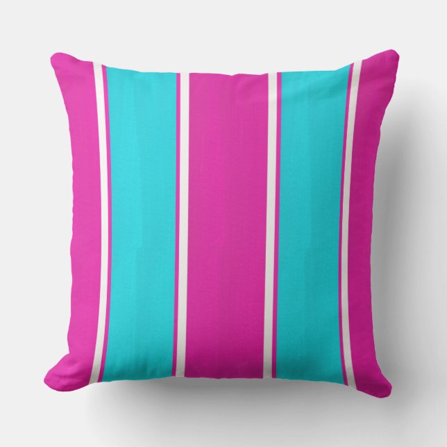 Hot Roze en Blauw Cabana Stripes Sierkussen (Voorkant)
