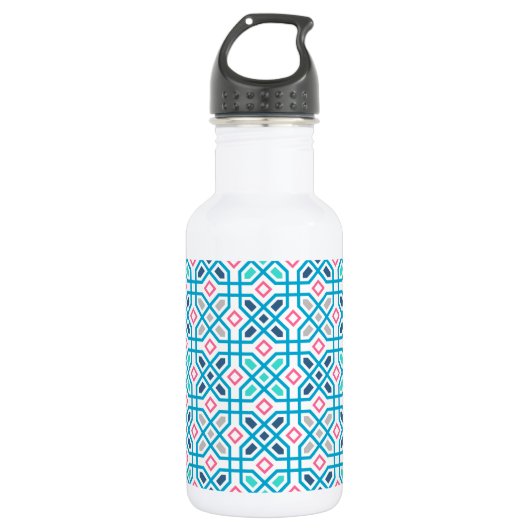 Hot-roze en blauw geometrisch patroon waterfles (Voorkant)