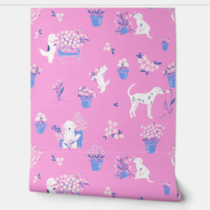 Hot Roze en Blauwe Puppy Hond Bloemen Wallpaper Behang