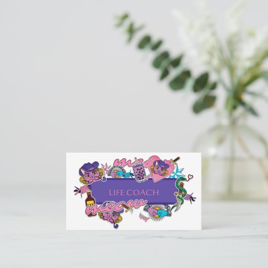 Hot-roze en blue Life skills cartoon sticker Visitekaartje (Staand voorkant)