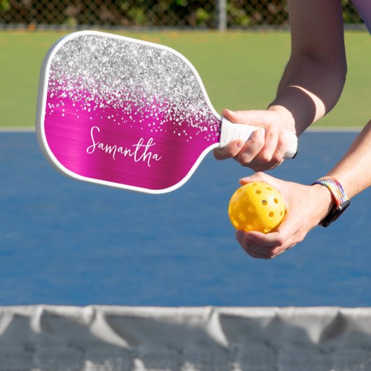 Hot-roze en Glittery Silver Glam Script Name Pickleball Paddle (Insitu)