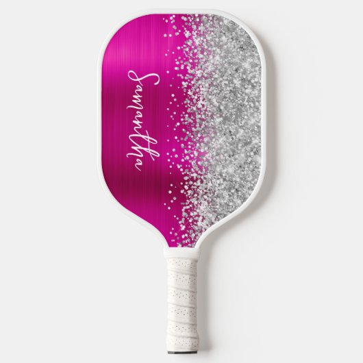 Hot-roze en Glittery Silver Glam Script Name Pickleball Paddle (Voorkant)