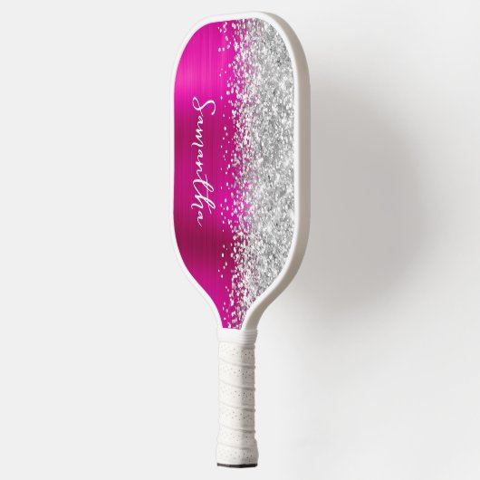 Hot-roze en Glittery Silver Glam Script Name Pickleball Paddle (Links)
