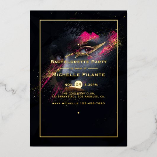 Hot-roze en Gold Bachelorette Party Folie Uitnodiging (Voorkant)
