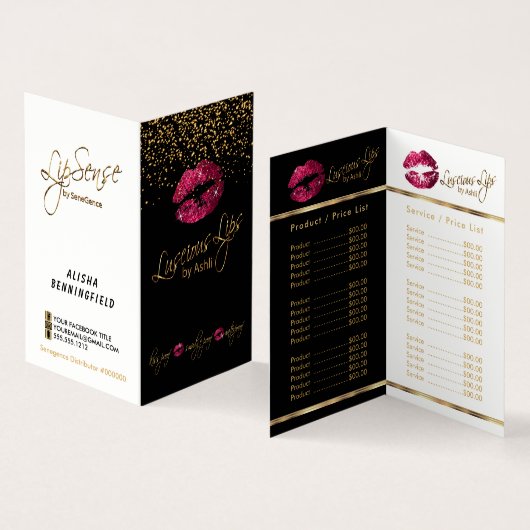 Hot-roze en Gold Confetti Lip Price & Service List Visitekaartje (Binnen en buitenkant)
