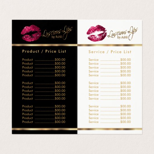 Hot-roze en Gold Confetti Lip Price & Service List Visitekaartje (Binnenkant ongevouwen)