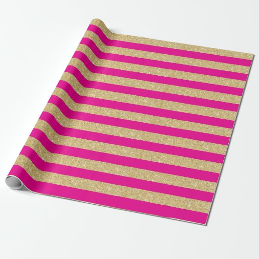 Hot-Roze en Gold Glitter Stripes Wrapping Paper Cadeaupapier (Uitgerold)