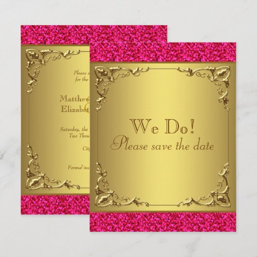 Hot-roze en Gold Sla de datum op Save The Date (Voorkant / Achterkant)