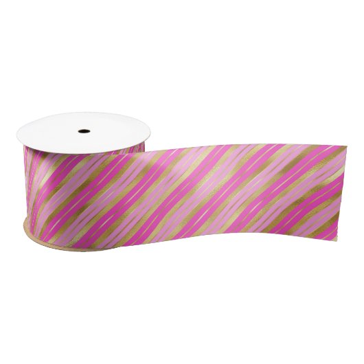 Hot-roze en Gold Stripes Satijnen Lint (Spoel)