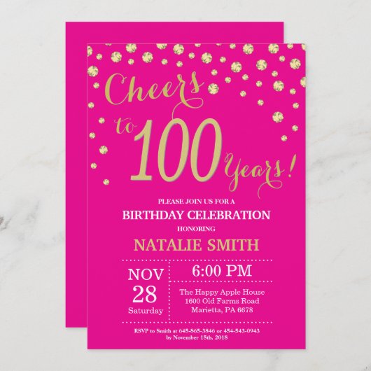 Hot roze en goud 100e verjaardag diamant kaart (Voorkant / Achterkant)