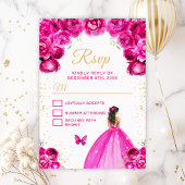 Hot Roze en Goud Brunette Hair Princess RSVP Kaartje