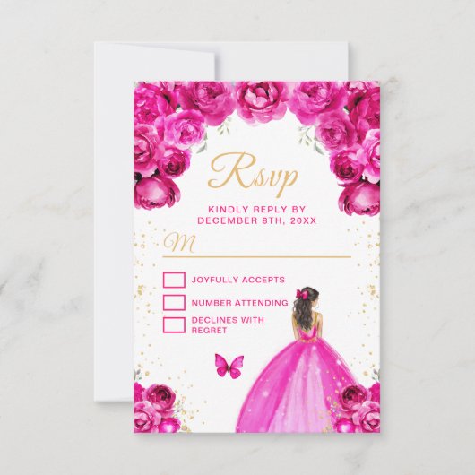 Hot Roze en Goud Brunette Hair Princess RSVP Kaartje (Voorkant)