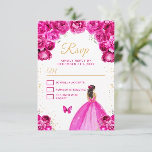 Hot Roze en Goud Brunette Hair Princess RSVP Kaartje (Staand voorkant)