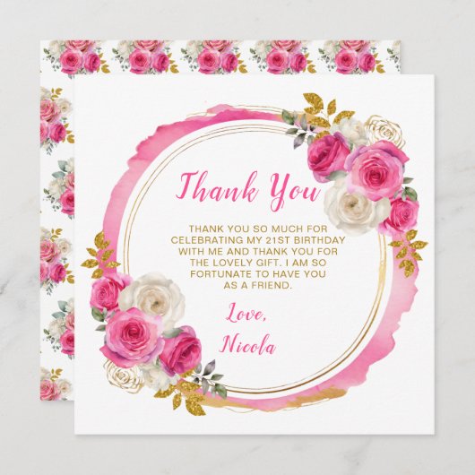Hot Roze en Goud Elegante Bloemen Verjaardagsfeest Bedankkaart (Voorkant / Achterkant)