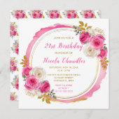 Hot Roze en Goud Elegante Bloemen Verjaardagsfeest Kaart (Voorkant / Achterkant)