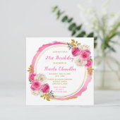 Hot Roze en Goud Elegante Bloemen Verjaardagsfeest Kaart (Staand voorkant)