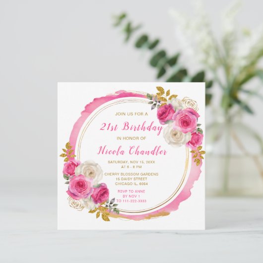 Hot Roze en Goud Elegante Bloemen Verjaardagsfeest Kaart (Staand voorkant)