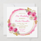 Hot Roze en Goud Elegante Bloemen Verjaardagsfeest Kaart (Voorkant)