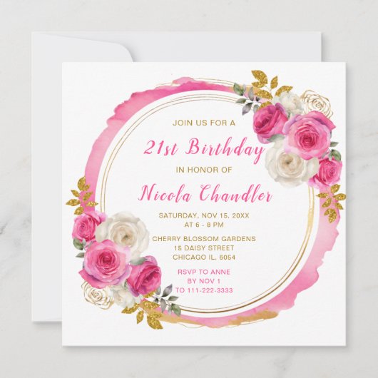 Hot Roze en Goud Elegante Bloemen Verjaardagsfeest Kaart (Voorkant)