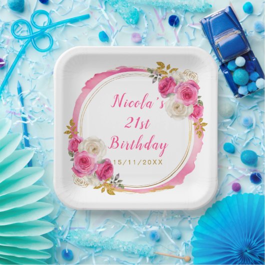 Hot Roze en Goud Elegante Bloemen Verjaardagsfeest Papieren Bordje (Feest)