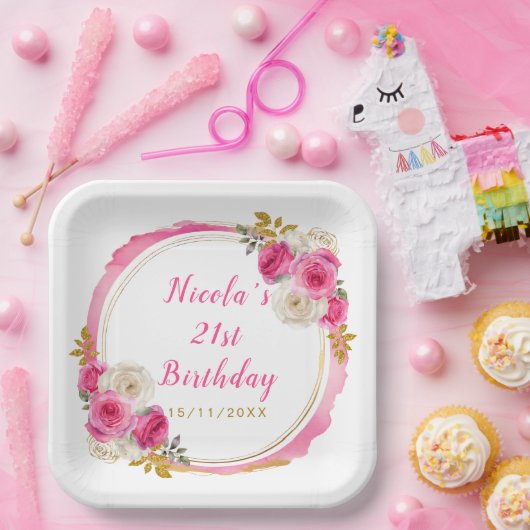 Hot Roze en Goud Elegante Bloemen Verjaardagsfeest Papieren Bordje (Feest)