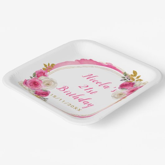 Hot Roze en Goud Elegante Bloemen Verjaardagsfeest Papieren Bordje (Gebogen)