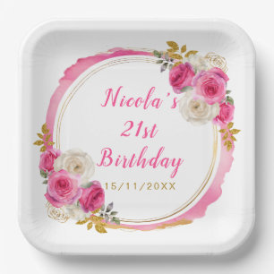Hot Roze en Goud Elegante Bloemen Verjaardagsfeest Papieren Bordje