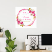 Hot Roze en Goud Elegante Bloemen Verjaardagsfeest Poster (Thuiskantoor)