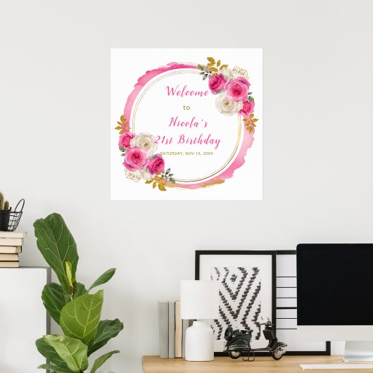 Hot Roze en Goud Elegante Bloemen Verjaardagsfeest Poster (Thuiskantoor)