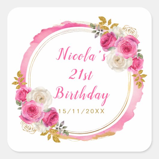 Hot Roze en Goud Elegante Bloemen Verjaardagsfeest Vierkante Sticker (Voorkant)