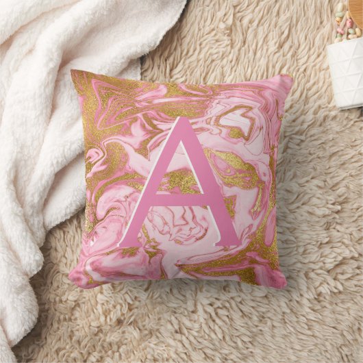 Hot Roze en Goud Marmer Monogrammed Initiaal Kussen (Deken)