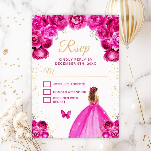 Hot roze en goudbruin haar prinses RSVP kaartje