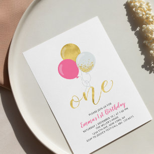 Hot-roze en gouden ballonnen 1e-meidenfeest kaart