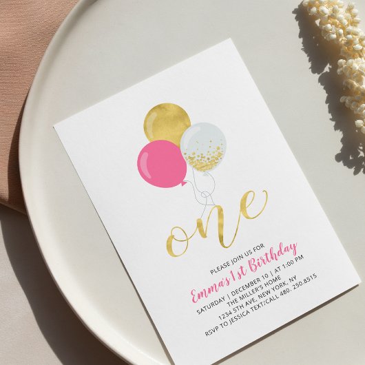 Hot-roze en gouden ballonnen 1e-meidenfeest kaart