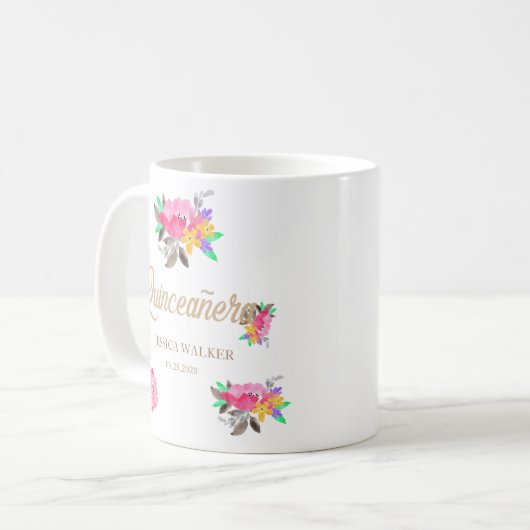 Hot Roze en Gouden Bloemen Quinceanera Mok (Voorkant links)