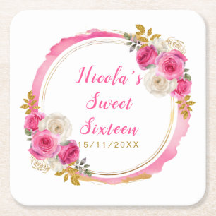 Hot Roze en Gouden Elegante Bloemen Sweet Sixteen Kartonnen Onderzetters