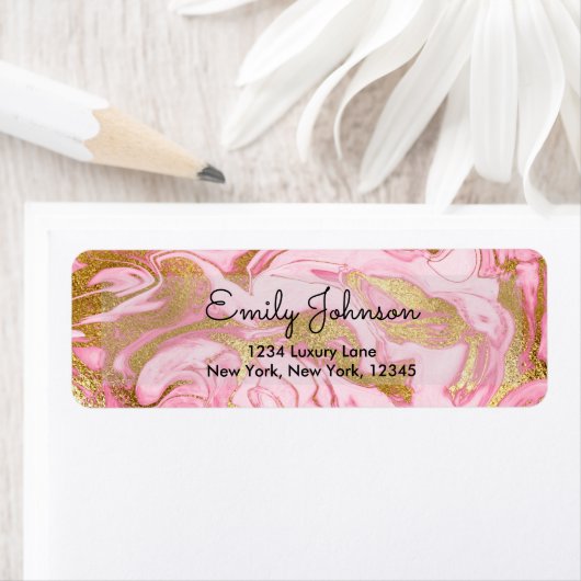 Hot Roze en Gouden Folie Elegante Marmeren Verjaar Etiket (Insitu)