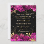 Hot Roze en Gouden Rozen Bloemen Huwelijk Kaart (Voorkant)