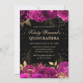 Hot Roze en Gouden Rozen Floral Quinceanera Kaart (Voorkant)