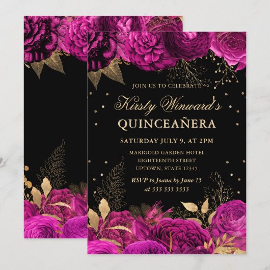 Hot Roze en Gouden Rozen Floral Quinceanera Kaart (Voorkant / Achterkant)