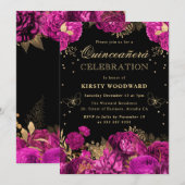 Hot Roze en Gouden Rozen Floral Quinceanera Kaart (Voorkant / Achterkant)