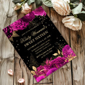 Hot Roze en Gouden Rozen Floral Sweet Sixteen Kaart