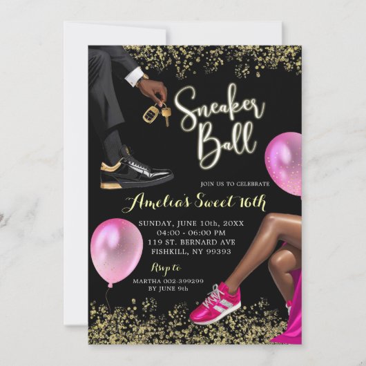 Hot Roze en Gouden Sneaker Ball Sweet 16 Verjaarda Kaart (Voorkant)
