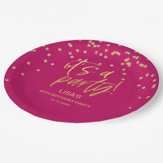 Hot roze en gouden verjaardag papieren bordje (Gekanteld)