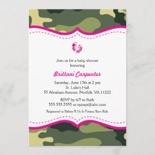 Hot-roze en Green Camouflage Baby shower nodigt ui Kaart