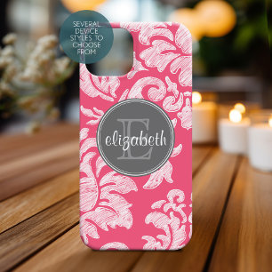 Hot-Roze en grijs Chalkboard Damask met Monogram iPhone 15 Case