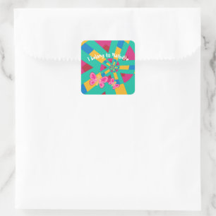 Hot Roze en groen patroon met roze vlinder Vierkante Sticker