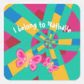 Hot Roze en groen patroon met roze vlinder Vierkante Sticker (Voorkant)